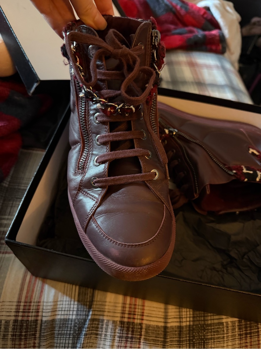 CHANEL Burgundy Quilted Tweed-Trim High Top Sneakers - Picture 2 of 4